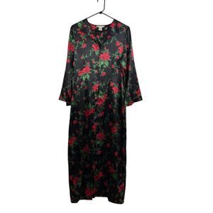 Vintage Morgan Taylor Intimates Black Floral Satin Zip Robe Small House Coat